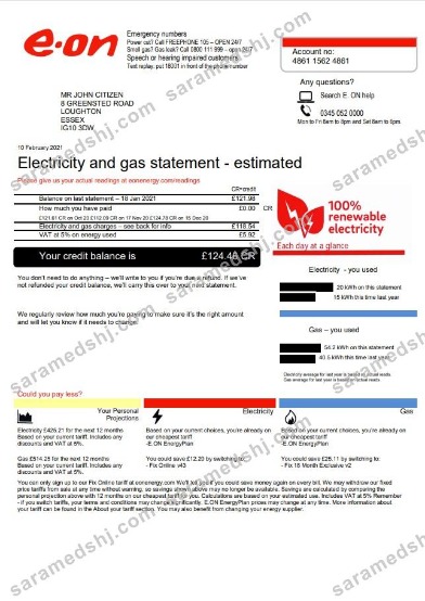 United Kingdom E.ON utility bill template in Word and PDF format, version 3-2